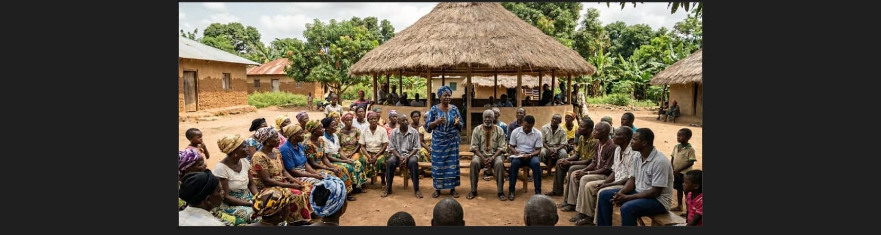 Community meeting under a thatched pavilion in Sierra Leone